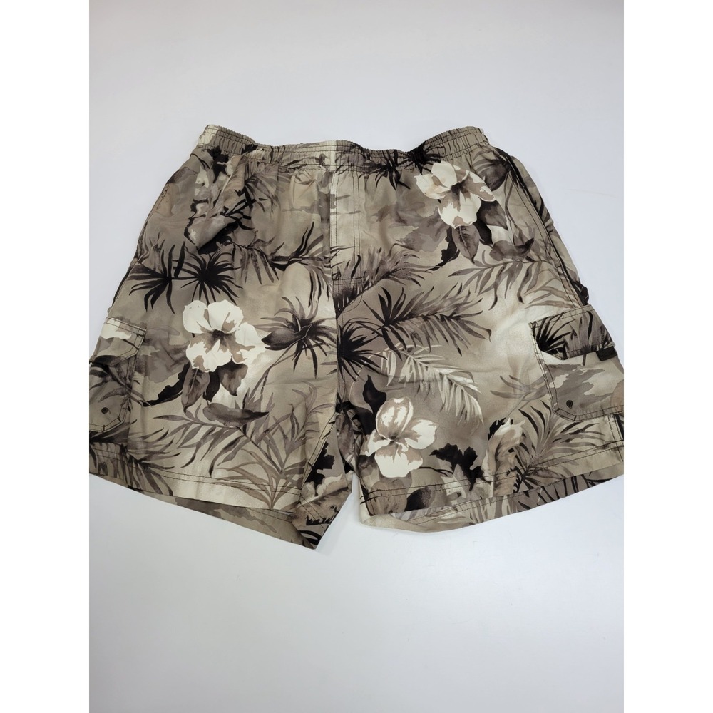Sand N Sun Mens L 36/38 Swim Trunks Floral Hawaiian Cargo Board Shorts Khaki